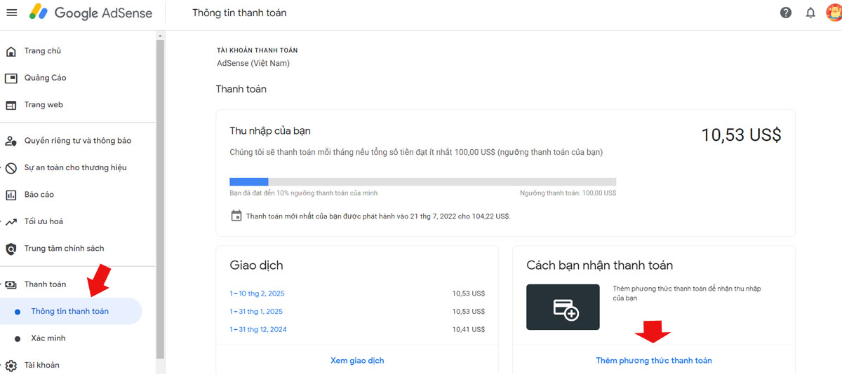 th&ecirc;m t&agrave;i khoản ng&acirc;n h&agrave;ng v&agrave;o google adsense
